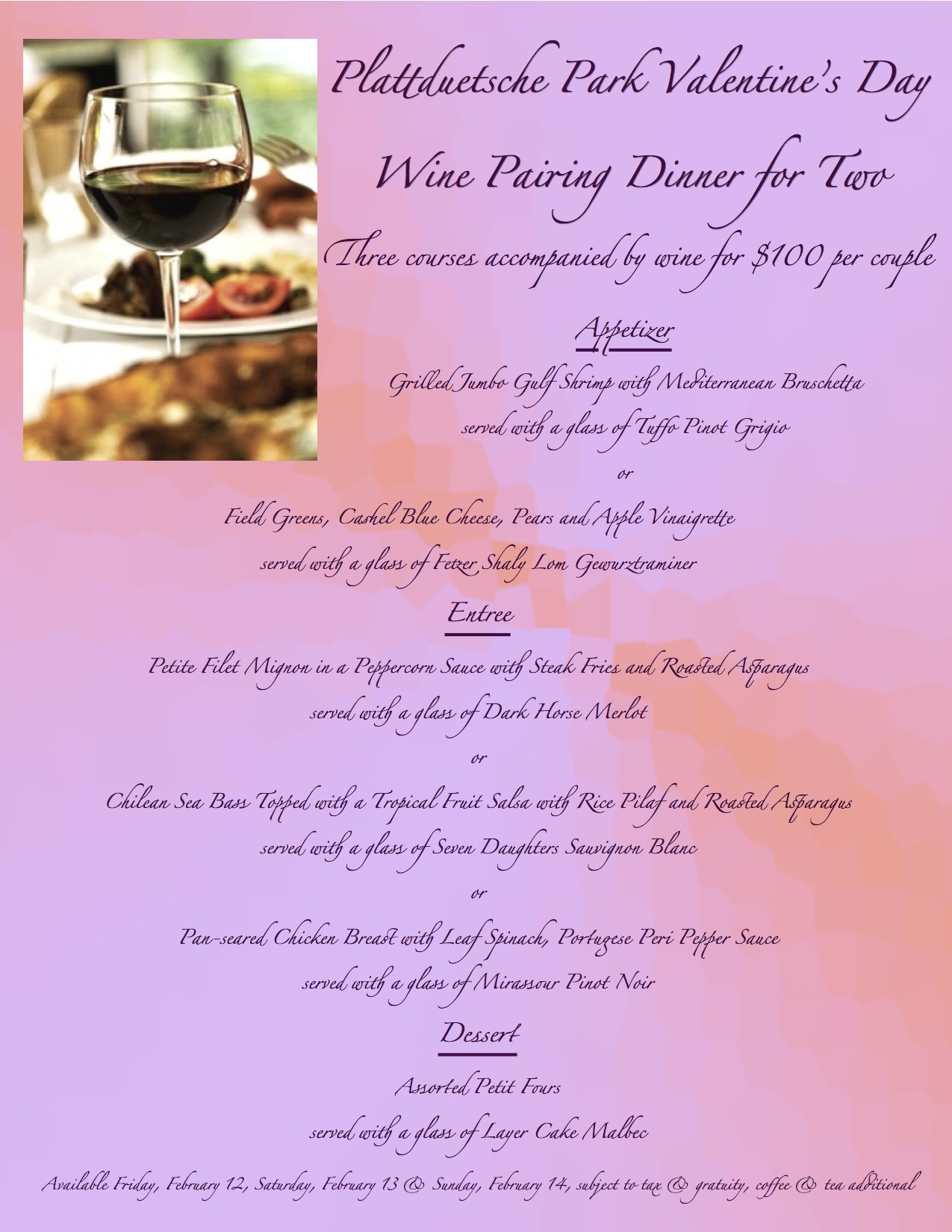 Valentine's Day Wine Pairing Menu - Plattduetsche Park Restaurant