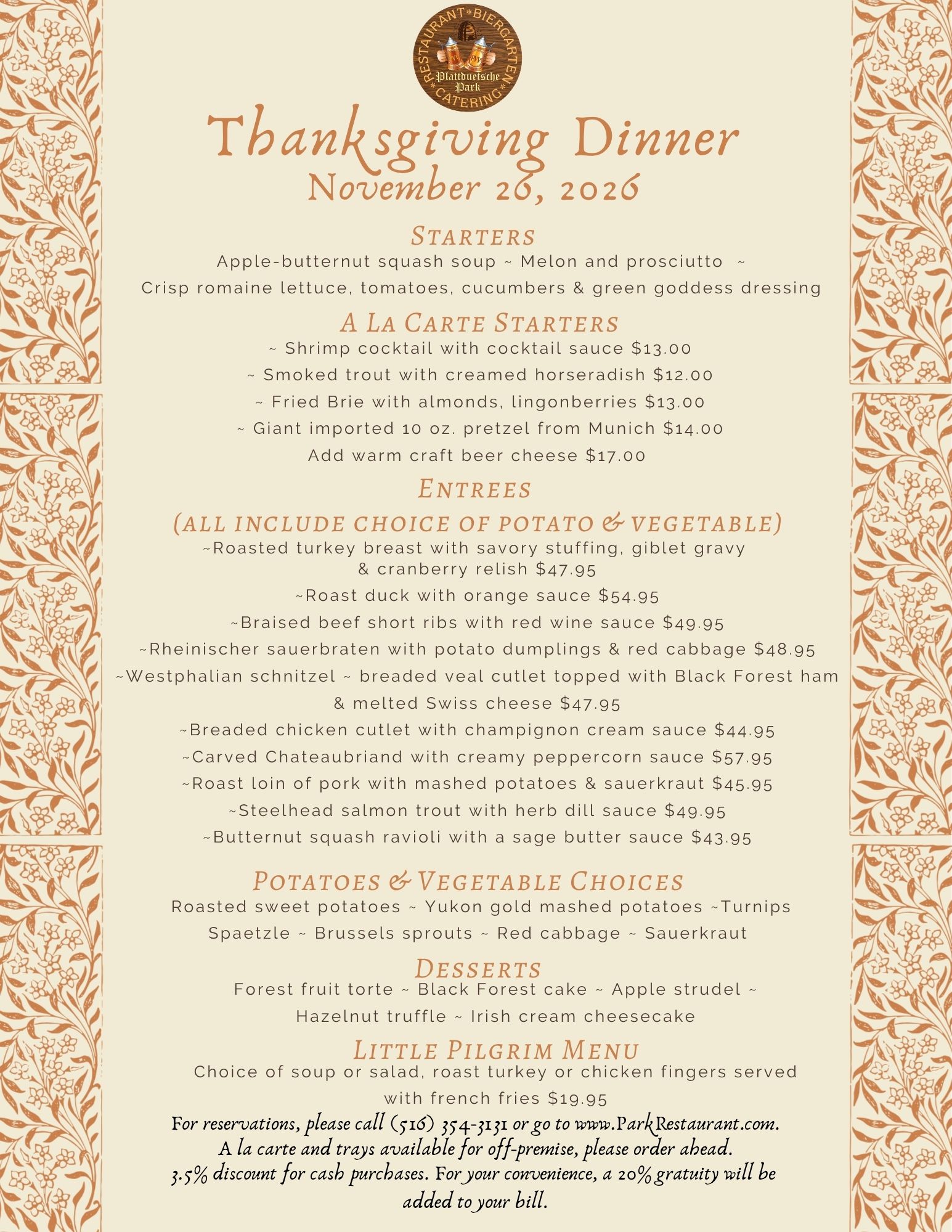 Thanksgiving Dinner menu for November 26, 2026